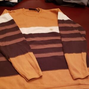 Timberland Men's Crewneck Sweater in Mustard and Brown Stripes